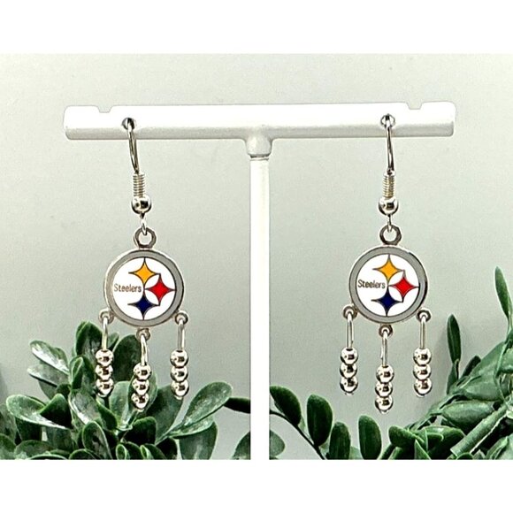 Pittsburgh Steelers Logo Dangle Earrings With Beaded Accents - Picture 6 of 7